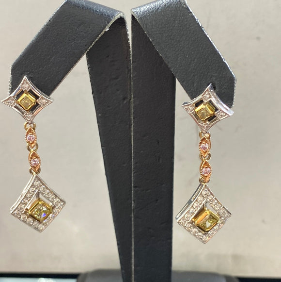Yellow Diamond 18 k gold,rose and white drop earrings